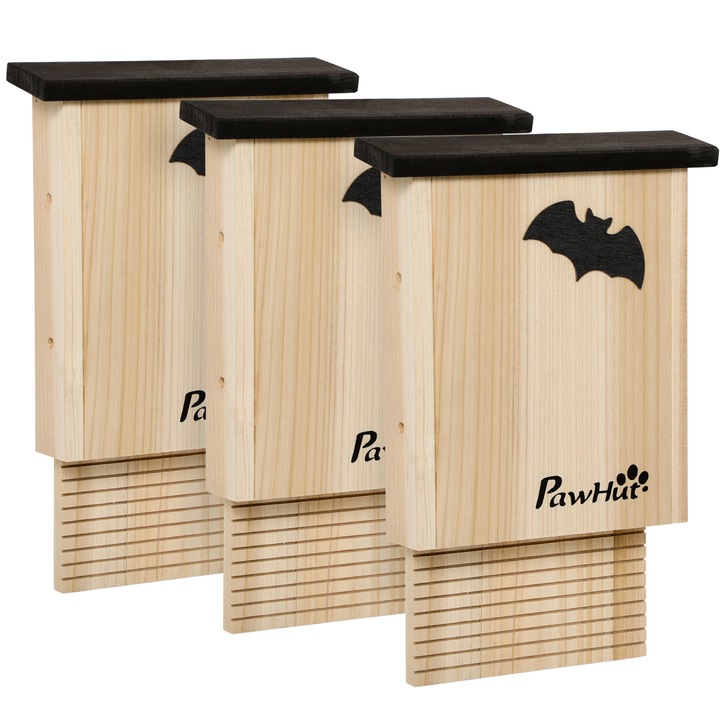 Set de 3 adăposturi pentru lilieci, PawHut, lemn natur, 25x6x37.5 cm
