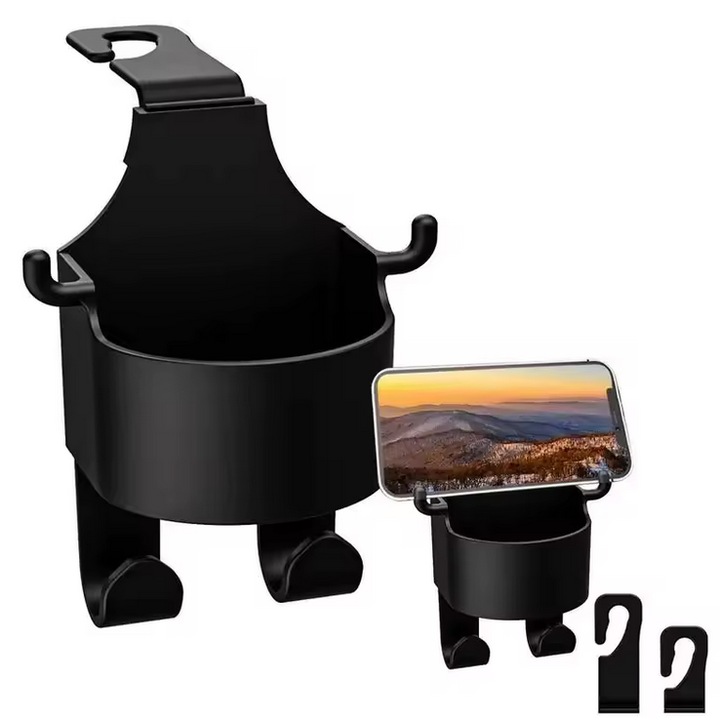 Suport Pahar/Bidon sau Telefon auto, universal cu carlig, multifunctional, Plastic, Negru, 4 in 1