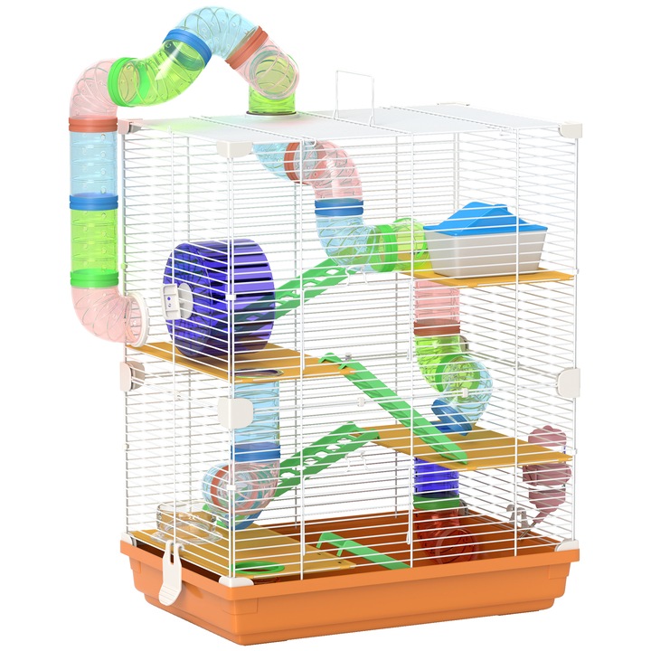 Cusca pentru hamsteri PawHut, 5 nivele, portocalie, 46x30x58 cm, set cu accesorii