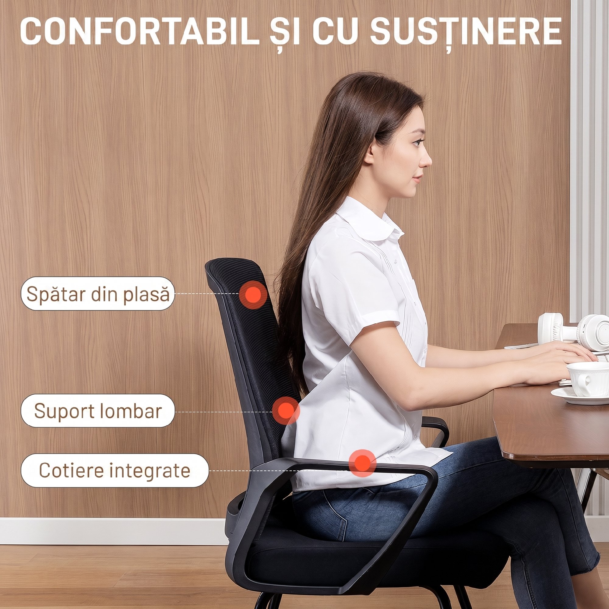 Scaun Birou Fara Roti HOMCOM Scaun de Birou Ergonomic fara Roti cu Brate pentru Sala de ...