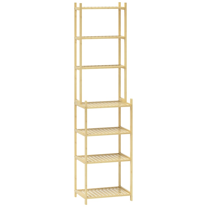 HOMCOM Dulap pentru Baie cu 7 Rafturi din Bambus, 44x33x180 cm, Culoare Lemn