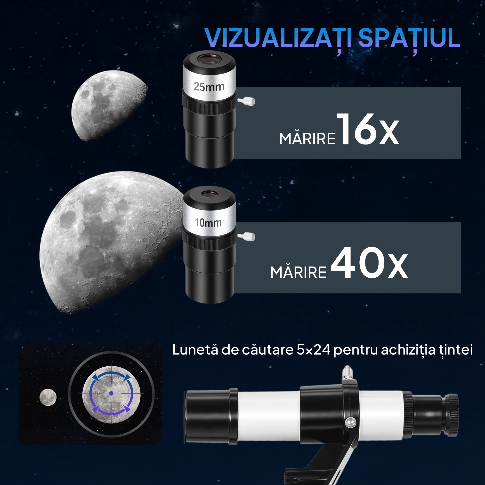 Telescop Astronomic Outsunny 70mm, 2 Lentile Oculare, Alb si Negru