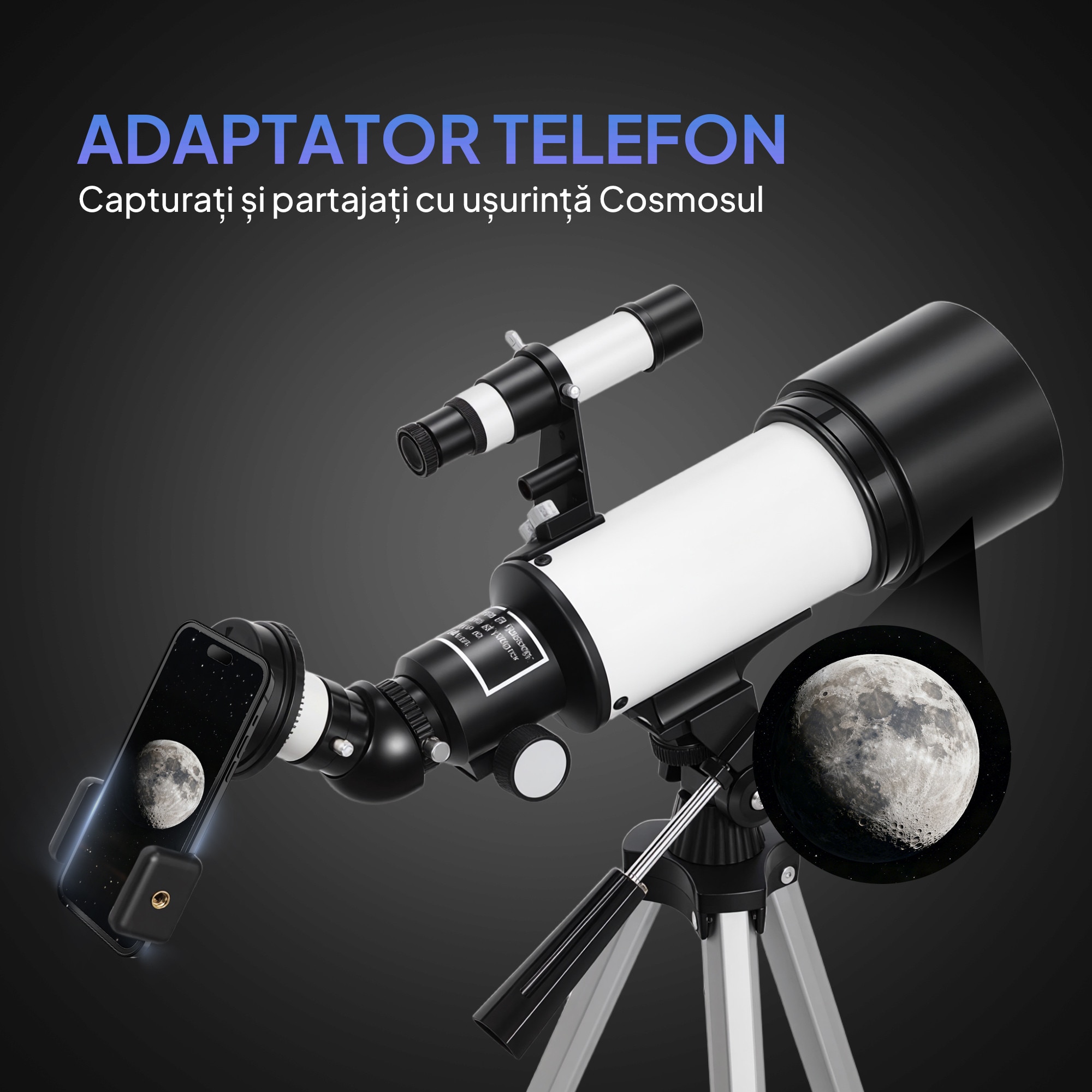 Telescop Astronomic Outsunny 70mm, 2 Lentile Oculare, Alb si Negru