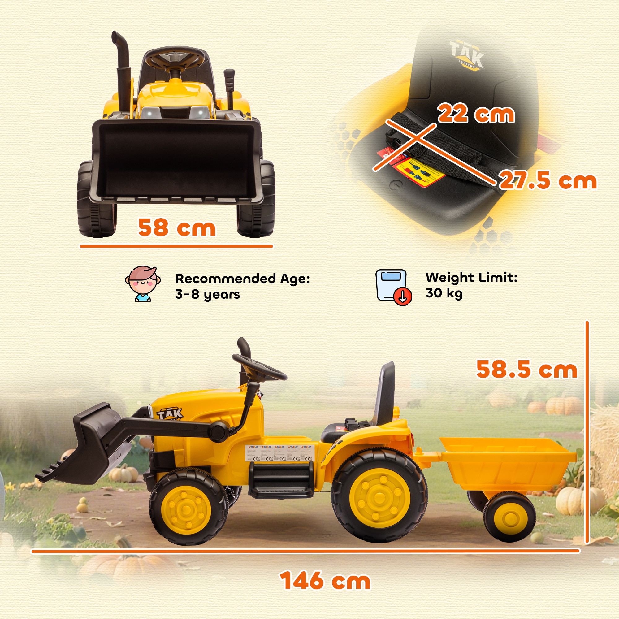 Excavator electric pentru copii AIYAPLAY 12V, telecomandă, galben