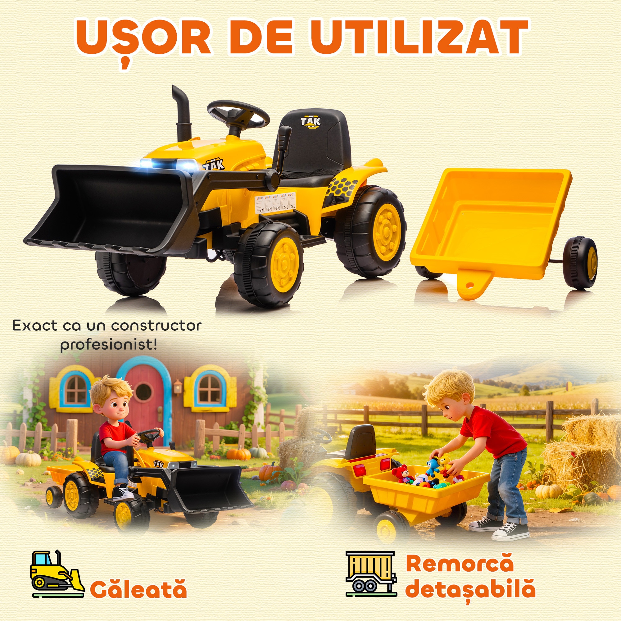 Excavator electric pentru copii AIYAPLAY 12V, telecomandă, galben