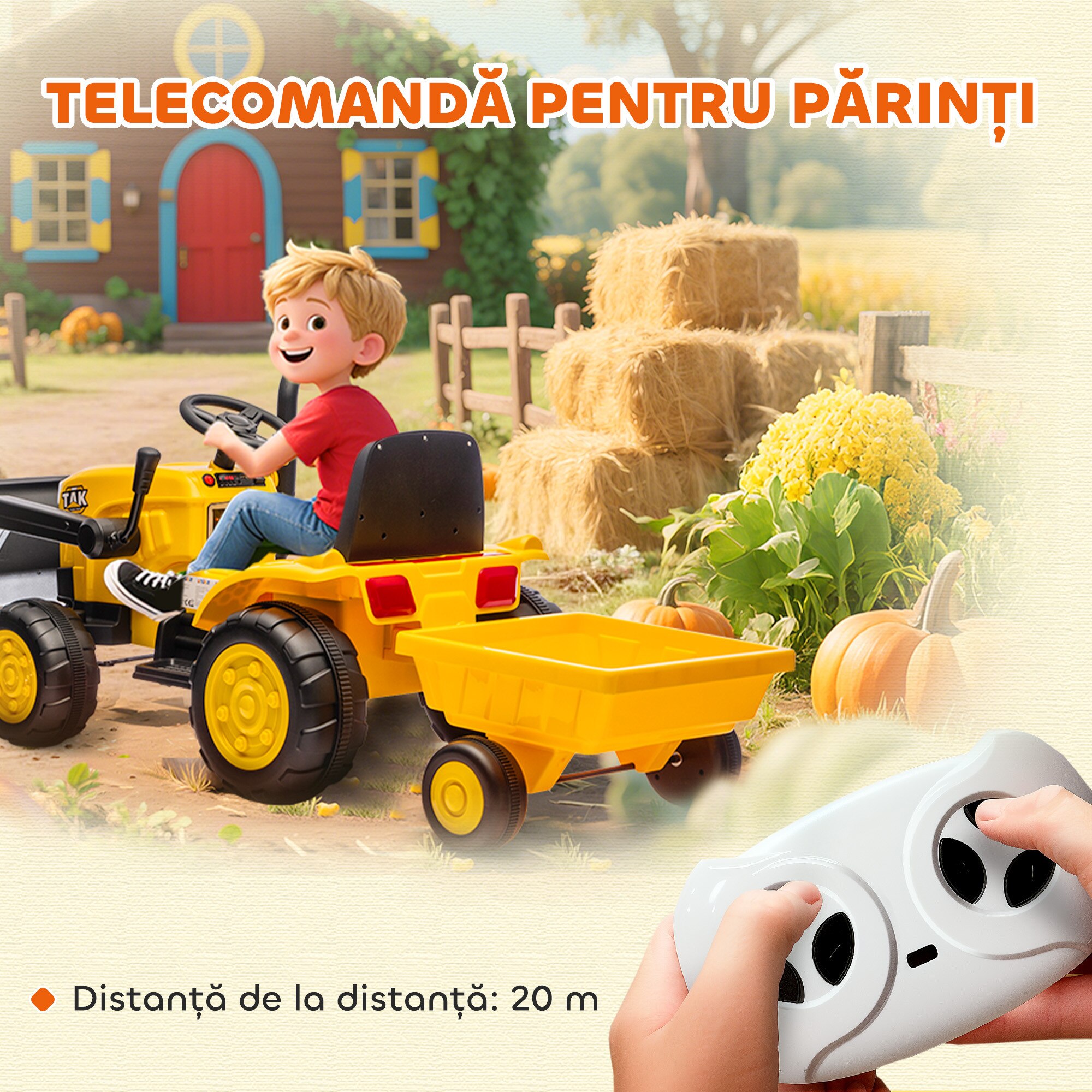 Excavator electric pentru copii AIYAPLAY 12V, telecomandă, galben