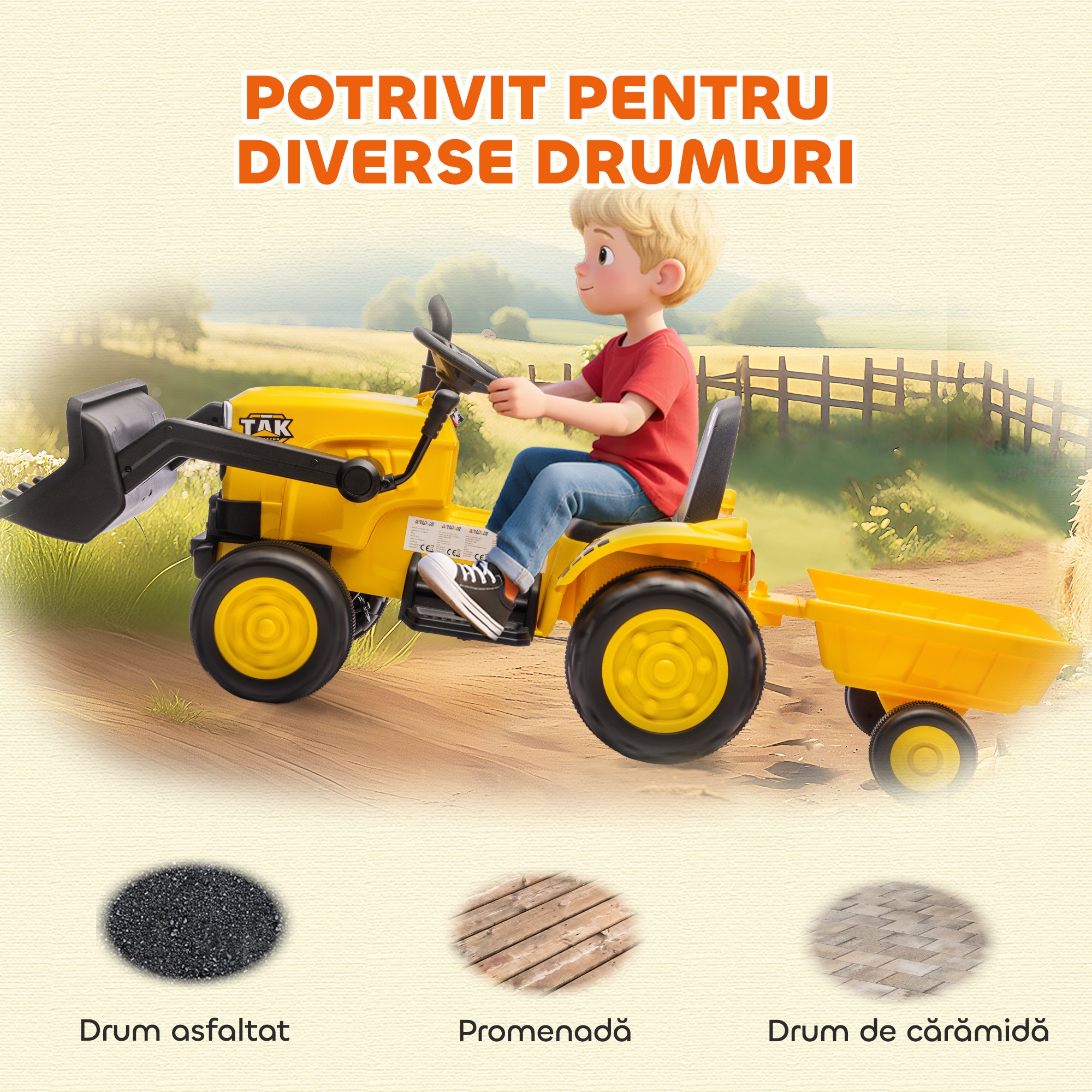 Excavator electric pentru copii AIYAPLAY 12V, telecomandă, galben
