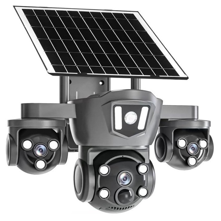 Camera de supraveghere solara Base cu 3 lentile, vedere nocturna color, alimentare prin panou solar