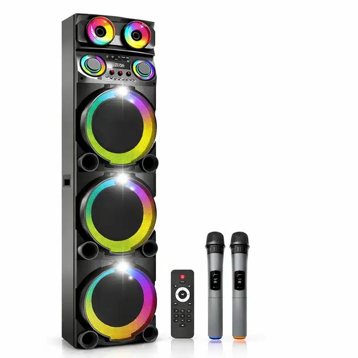 Boxa Portabila Bluetooth Tea Sports, 3 Woofer 12inch, 2 microfoane wireless, iluminare RGB, autonomie 6 ore