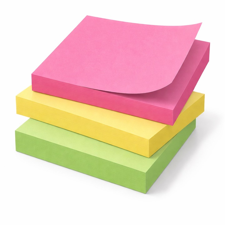 Комплект от 3 кубчета самозалепващи се бележки, Неонови Post-it кубчета, 100 листа/блок, Силно лепило, Лесни за залепване и отлепване, за класифициране, маркиране на документи, за дома, офиса или училището, 3 цвята, Хартия, 76 x 76 мм, Многоцветни