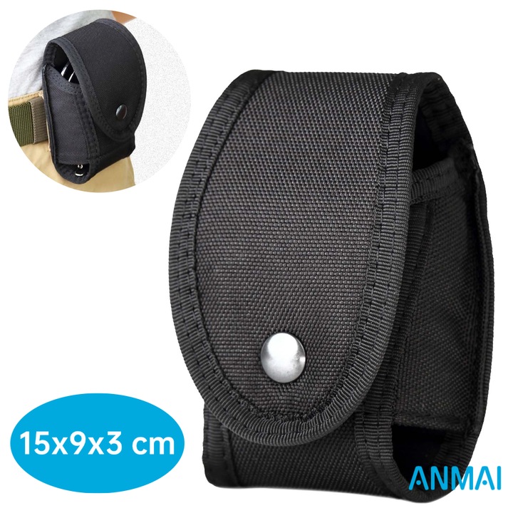 Husa Tactica Multifunctionala Anmai, Toc Universal cu Capsa Metalica pentru Centura, Nylon Durabil, Organizator Accesorii Securitate si Outdoor, 15x9x3 cm, Negru