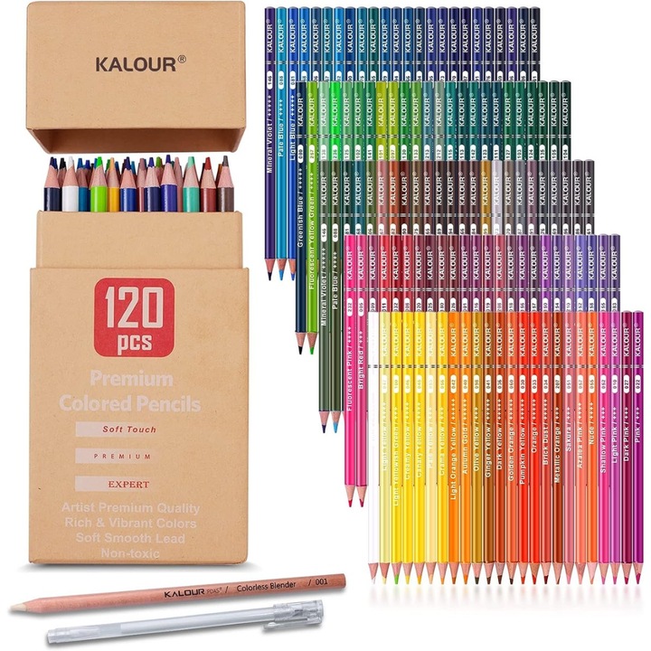 Комплект 120 цветни молива KALOUR Soft Touch Expert, 120 цвята, устойчиви на светлина, преносима опаковка