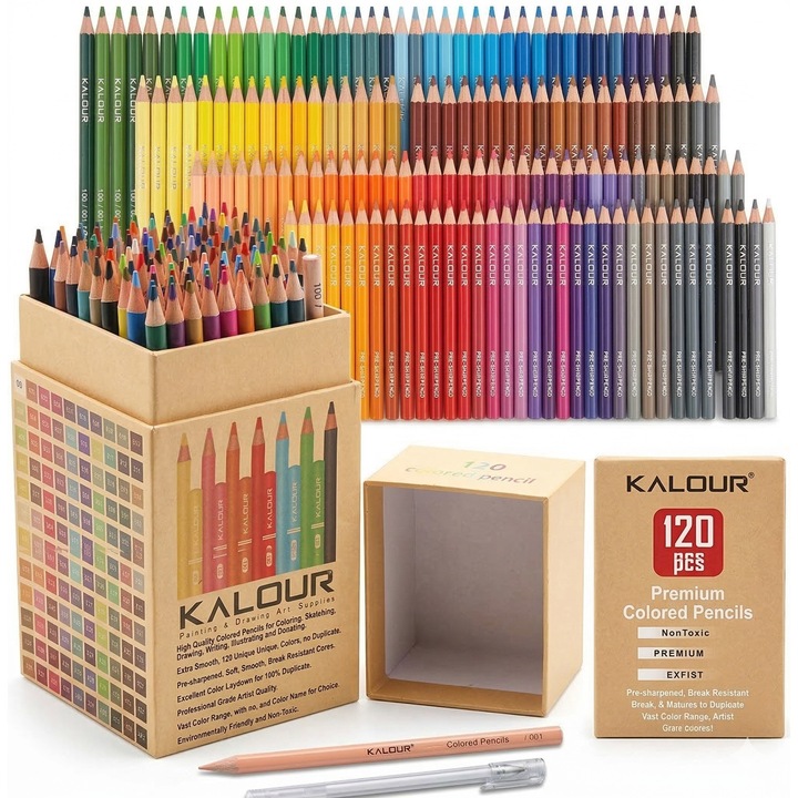 Set Creioane Colorate Profesionale KALOUR Soft Touch Expert, 120 Culori Vibrante, Mina Durabila 3.8mm, Rezistenta la Lumina, Non-Toxice, Pentru Desen Schite Artisti Hobbysti, Cutie Metalica Portabila, Include Blender si Liner Fin