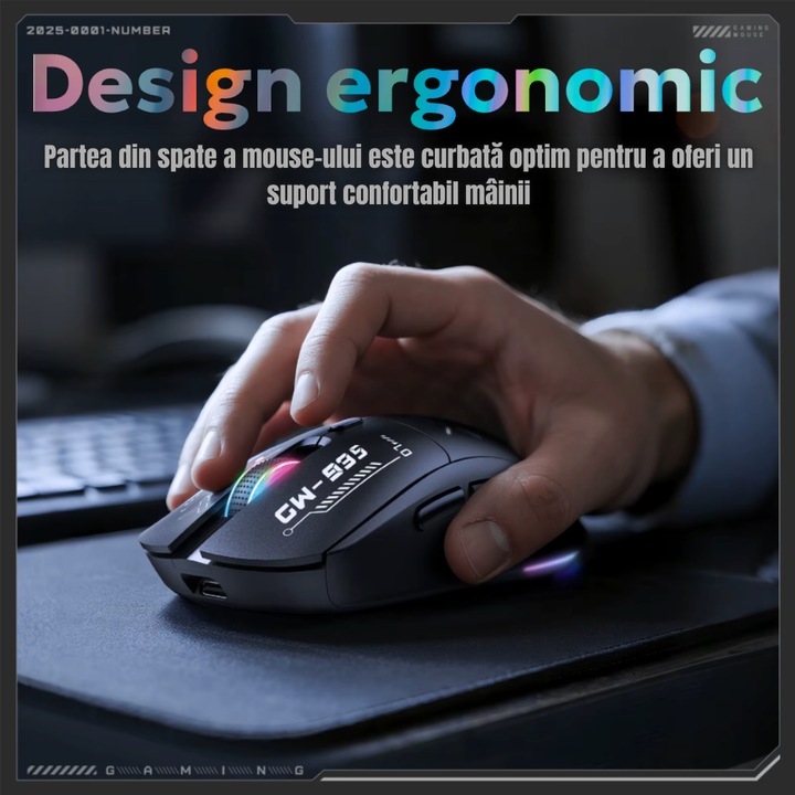 Mouse Gaming Z ZYNERA™ (Wireless 2.4GHz + Bluetooth + Cablu), 6 Butoane, Iluminare RGB, 6 Niveluri DPI Reglabil pana la 12800, Negru, Design Ergonomic