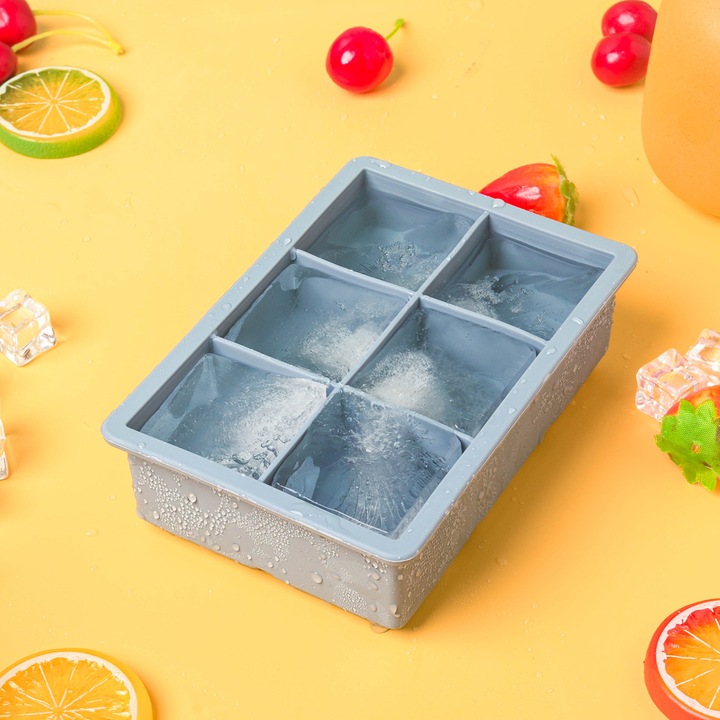 Nagy jégkocka forma | Hűtőszekrény jégkocka forma 6 blokkal - puha jégforma, könnyen kivehető whisky, egymásra rakható konyhai kütyük, szilikon, 17 x 12 x 6 cm, szürke