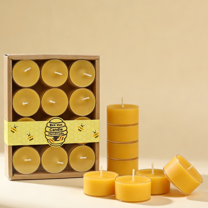 Lumanari de masa din ceara de albine - Pachet de 12 lumanari din ceara de albine fabricate din ceara naturala 100% pura, timp de ardere de 4 ore, lumanari galbene in cupe acrilice transparente pentru Craciun, nunta, petrecere si acasa