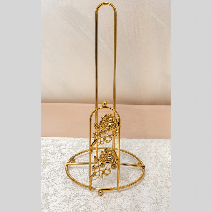 Suport prosop bucatarie metalic auriu, model trandafir, suport rola hartie, stabil, design decorativ