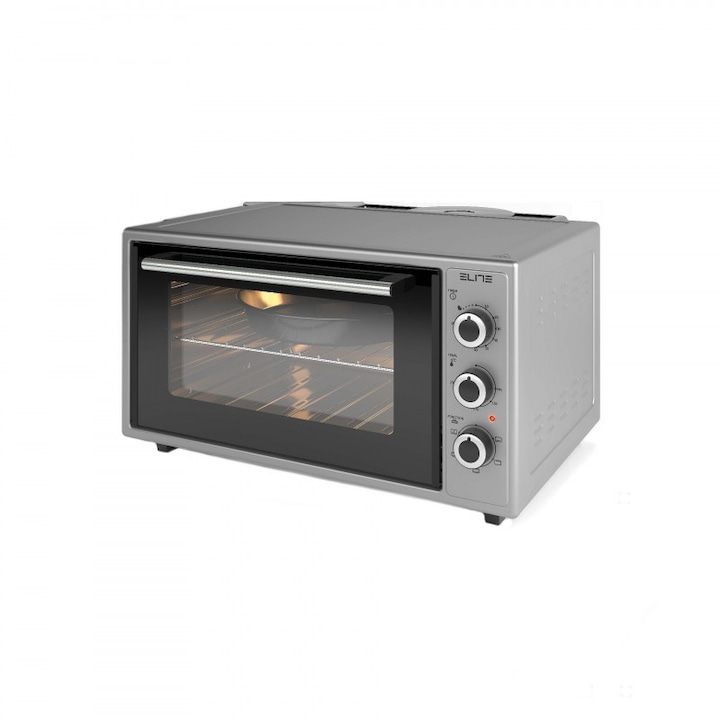 Малка готварска печка Elite EMO-FL 48 2589, 2000W, 48 литра, 3 режима, Двойно стъкло, Термостат, Таймер, Турбо вентилатор, Сив