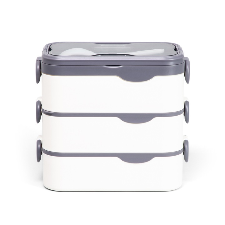 Lunchbox MESA set 3 etaje 2L, plastic, compact, pentru mancare, alb