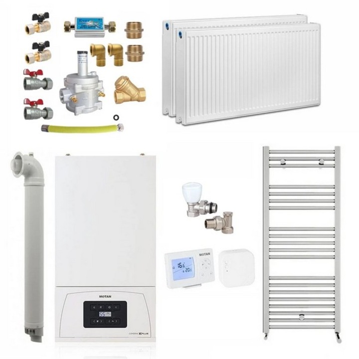 Set centrala termica pe gaz Motan Condens KPlus C38GC20V1, 20 kW, 3 calorifere, termostat wireless, kit evacuare inclus