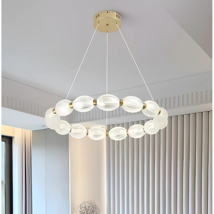 Lustra LED Suspendata cu Telecomanda FAUSTO II, 42W, Diametru 50, Inaltime 120, IP20, Lumina Rece/Neutra/Calda, Dimabila, Auriu, Acril, Metal