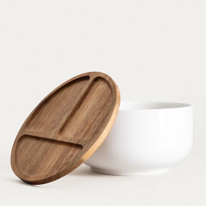 Bol MOOKA, ceramica, cu capac din salcam, 24x13,5 cm