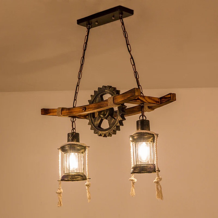 Lustra Vintage cu Franghie LV590/2BK, 2xE27, 50*20*32, Maro, Auriu, Metal, Textil, Becuri Neincluse