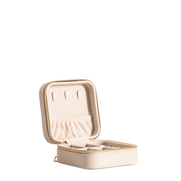 RINAS ékszerdoboz, bézs, 10,5x10,5x5 cm, elegáns csíkos varrású design