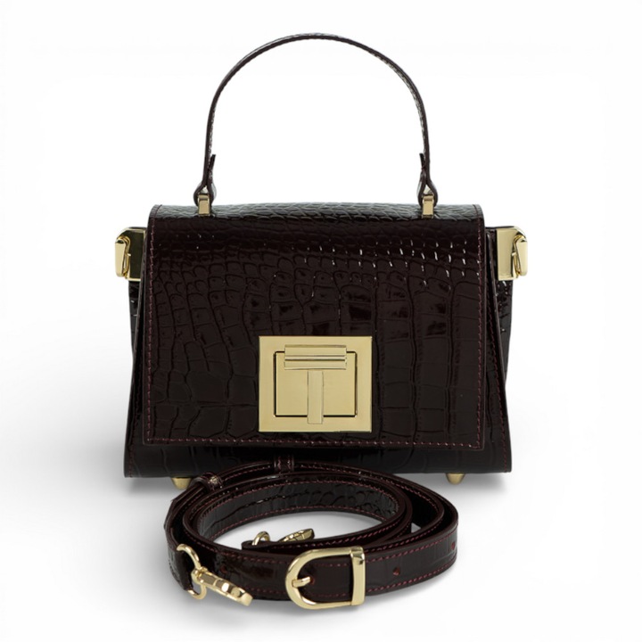 Geanta din piele naturala Burgundy Croco MICRO POLINE