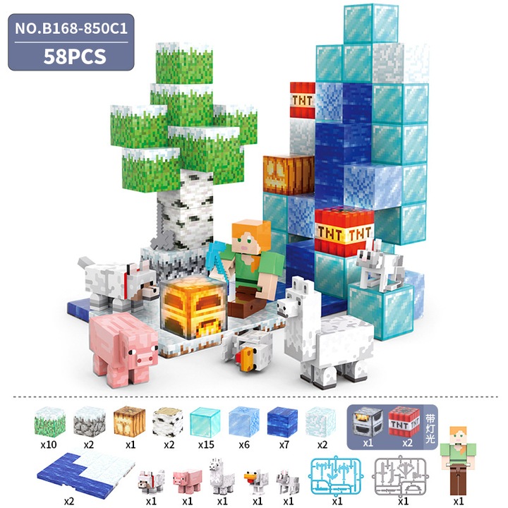 Jucarii magnetice de arhitectura, patrate magnetice, jucarii de invatare educationale pentru simturile Montessori, jocuri de stiva pentru copii cu varste cuprinse intre 3 si 6 ani, cadouri de sarbatori si de ziua de nastere, teme de zapada 58pc