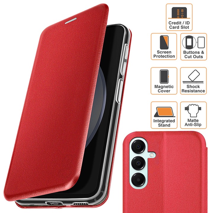 Husa pentru Samsung Galaxy A16 (A166), tip carte, inchidere Magnetica, buzunar Card, Functie Stand, Piele-Eco cu interior Microfibra, Flip Open, Rosie