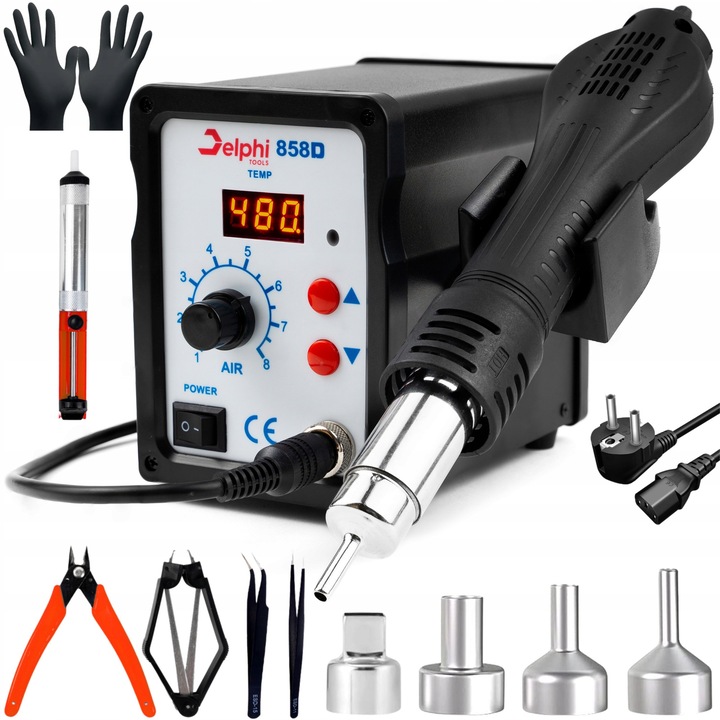 Statie de lipit Hot Air Delphi Tools 858D, 700W, 100-480C, set complet cu 4 duze, 1,5m cablu