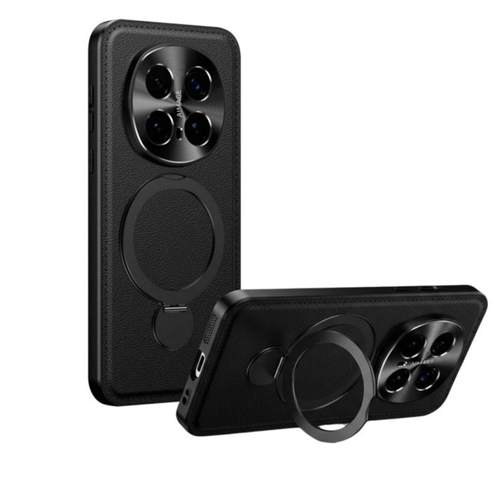 Husa Protectie pentru Honor Magic 8 Pro Compatibila MagSafe, Suport Rotativ 360 Grade, Inel Magnetic, Protectie Camera si Ecran, Material TPU si Piele Ecologica, Anti-Soc, Anti-Amprenta, Negru