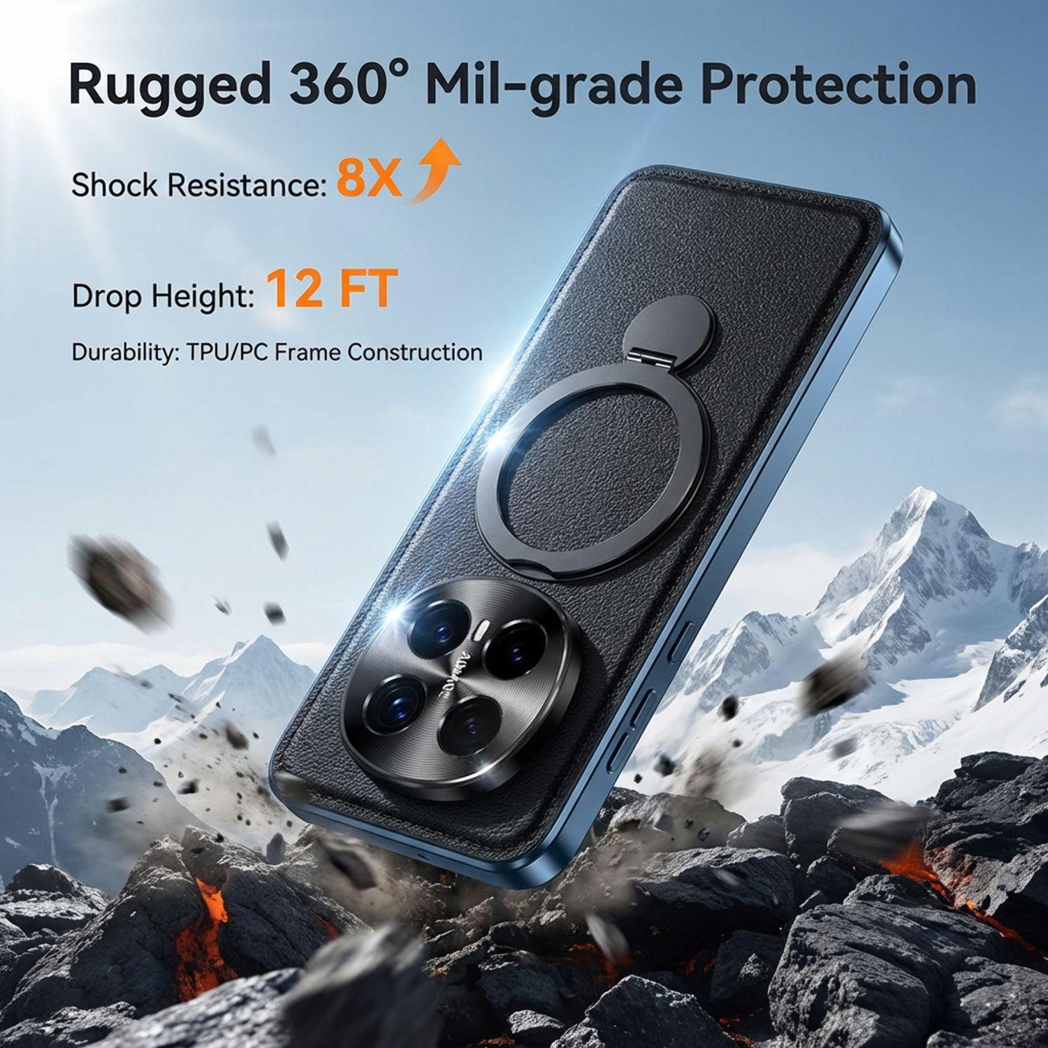 Husa Protectie pentru Honor Magic 8 Pro Compatibila MagSafe, Suport Rotativ 360 Grade, Inel Magnetic, Protectie Camera si Ecran, Material TPU si Piele Ecologica, Anti-Soc, Anti-Amprenta, Negru