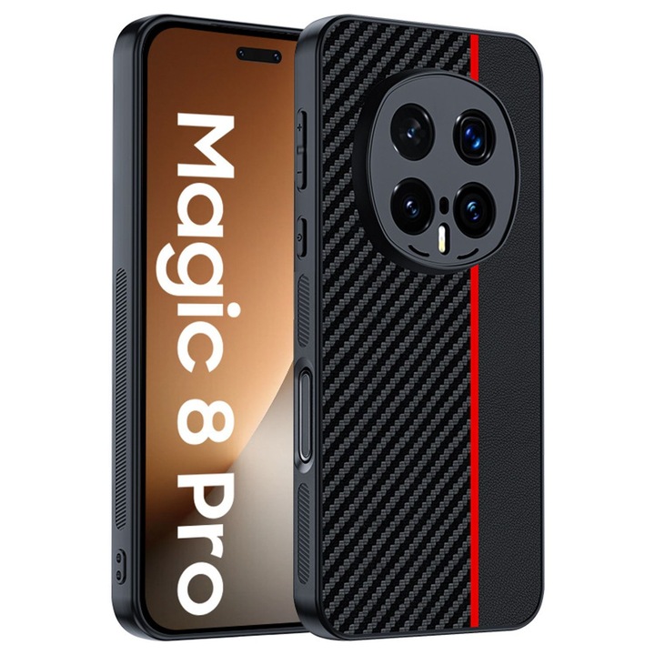 Husa pentru Honor Magic 8 Pro, Textura Fibra de Carbon si Piele, Design Ultra Slim, Protectie Camera si Anti-Amprenta, Rezistenta la Socuri, Stil Business Elegant, Negru cu Rosu