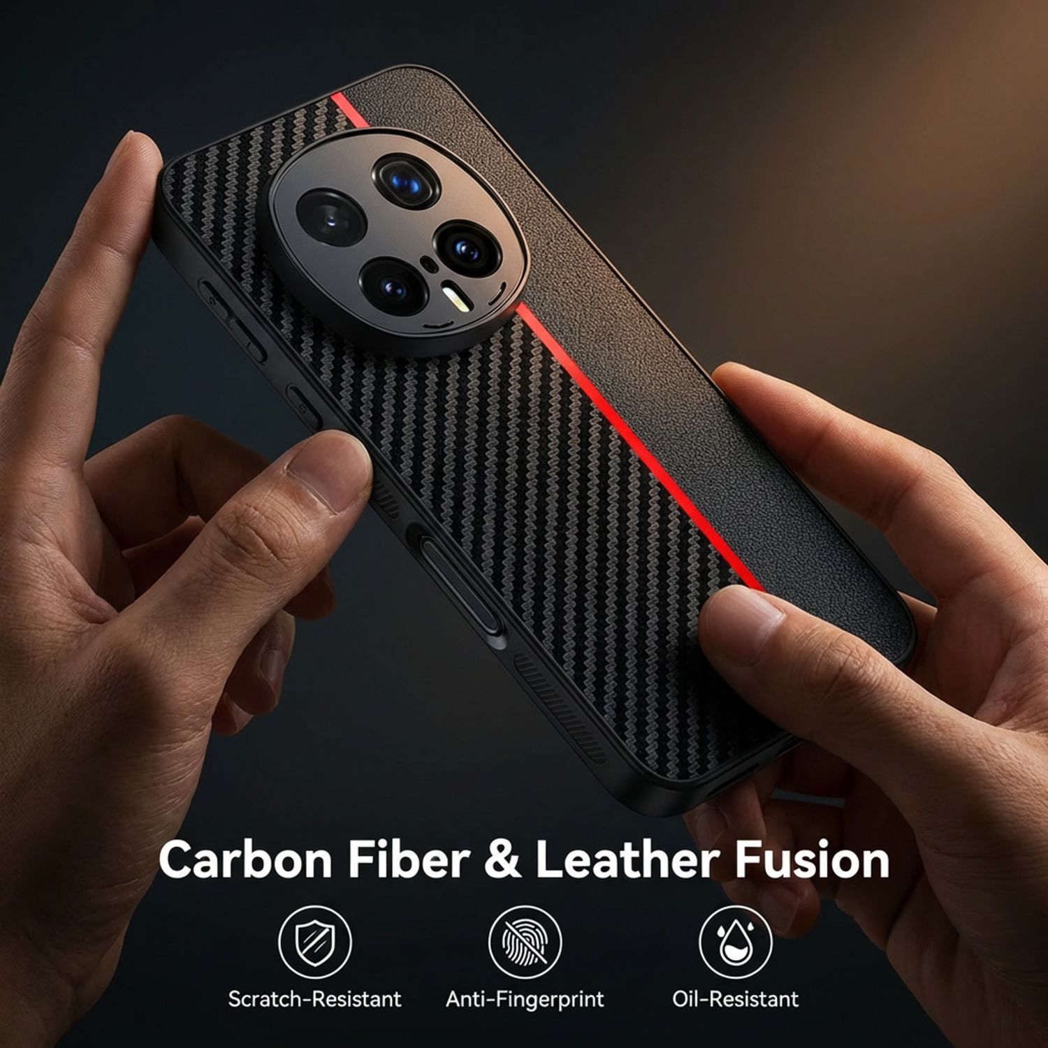 Husa pentru Honor Magic 8 Pro, Textura Fibra de Carbon si Piele, Design Ultra Slim, Protectie Camera si Anti-Amprenta, Rezistenta la Socuri, Stil Business Elegant, Negru cu Rosu