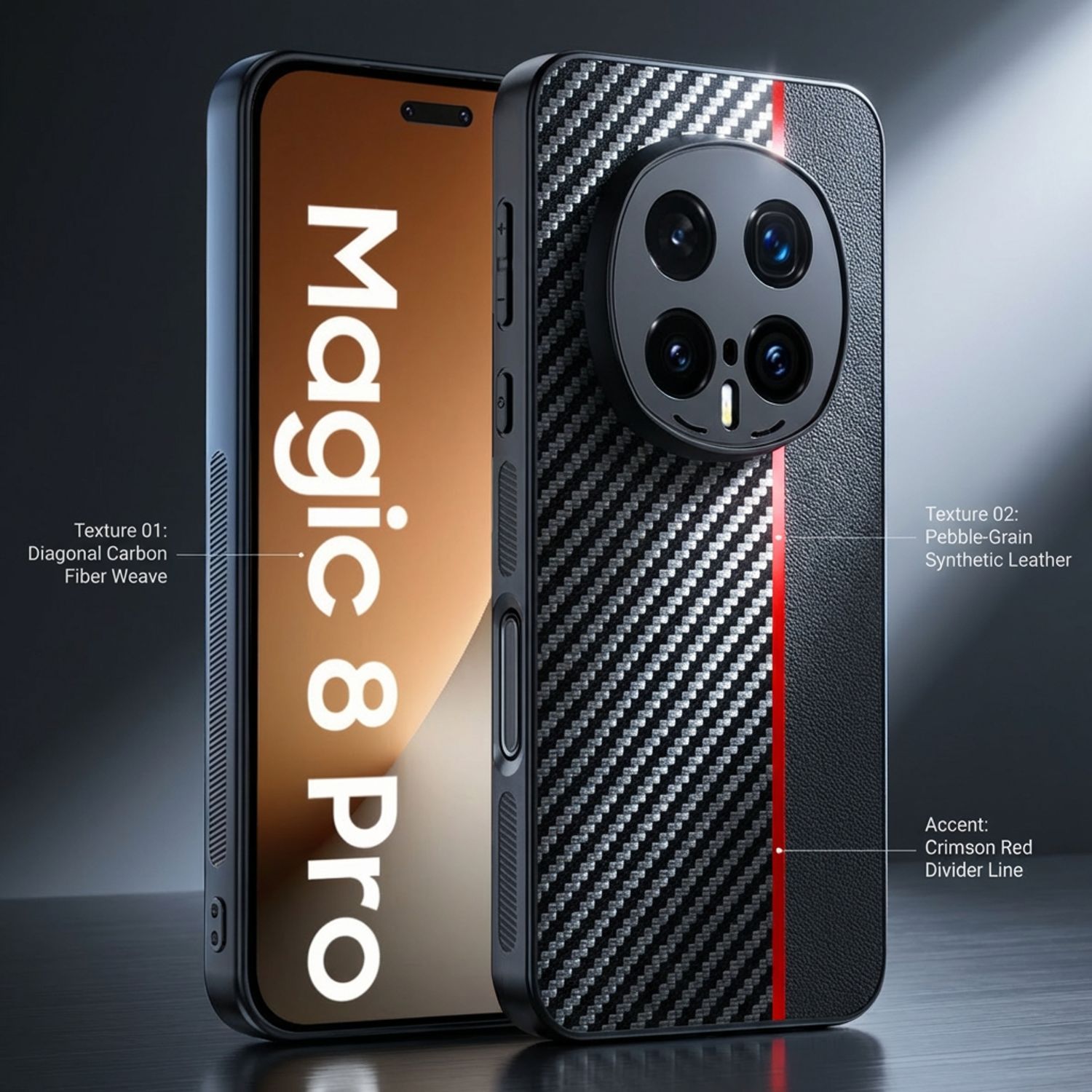 Husa pentru Honor Magic 8 Pro, Textura Fibra de Carbon si Piele, Design Ultra Slim, Protectie Camera si Anti-Amprenta, Rezistenta la Socuri, Stil Business Elegant, Negru cu Rosu
