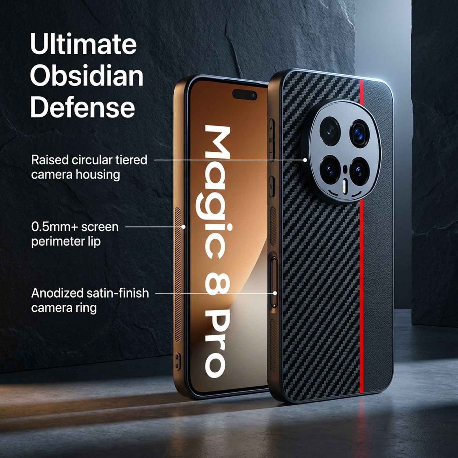 Husa pentru Honor Magic 8 Pro, Textura Fibra de Carbon si Piele, Design Ultra Slim, Protectie Camera si Anti-Amprenta, Rezistenta la Socuri, Stil Business Elegant, Negru cu Rosu
