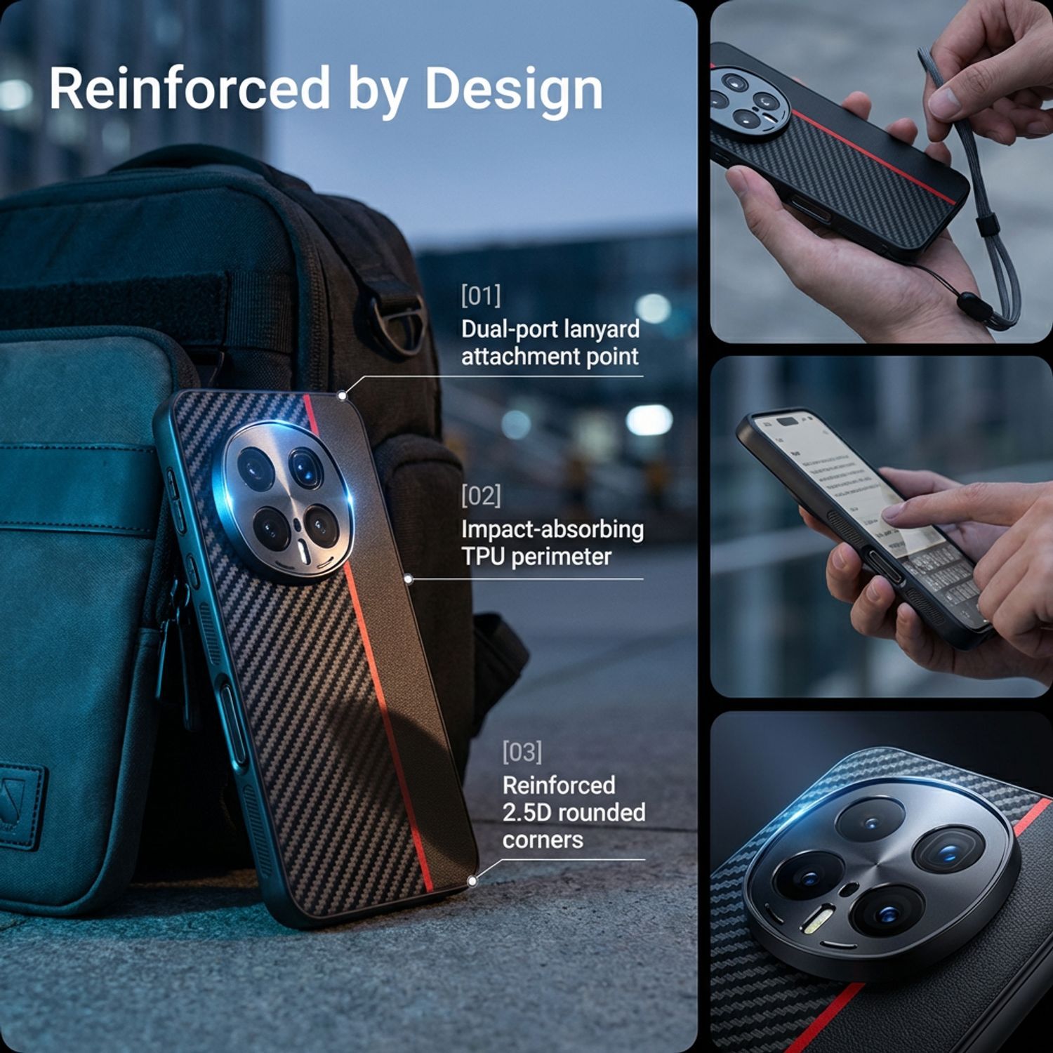 Husa pentru Honor Magic 8 Pro, Textura Fibra de Carbon si Piele, Design Ultra Slim, Protectie Camera si Anti-Amprenta, Rezistenta la Socuri, Stil Business Elegant, Negru cu Rosu