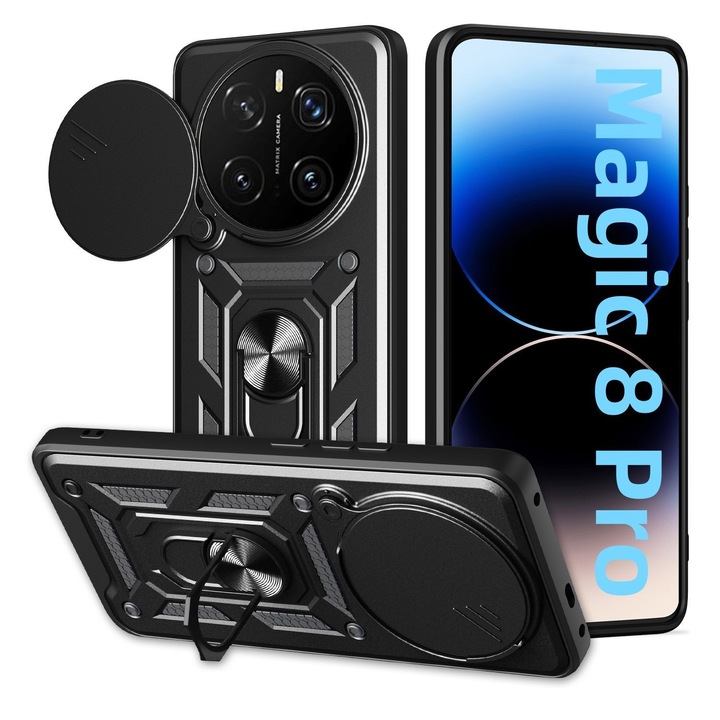 Husa pentru Honor Magic 8 Pro, Carcasa Anti-Soc cu Protectie Camera Glisanta, Inel Rotativ 360, Suport Magnetic Auto, TPU si PC Rezistent la Impact, Design Anti-Amprenta, Negru