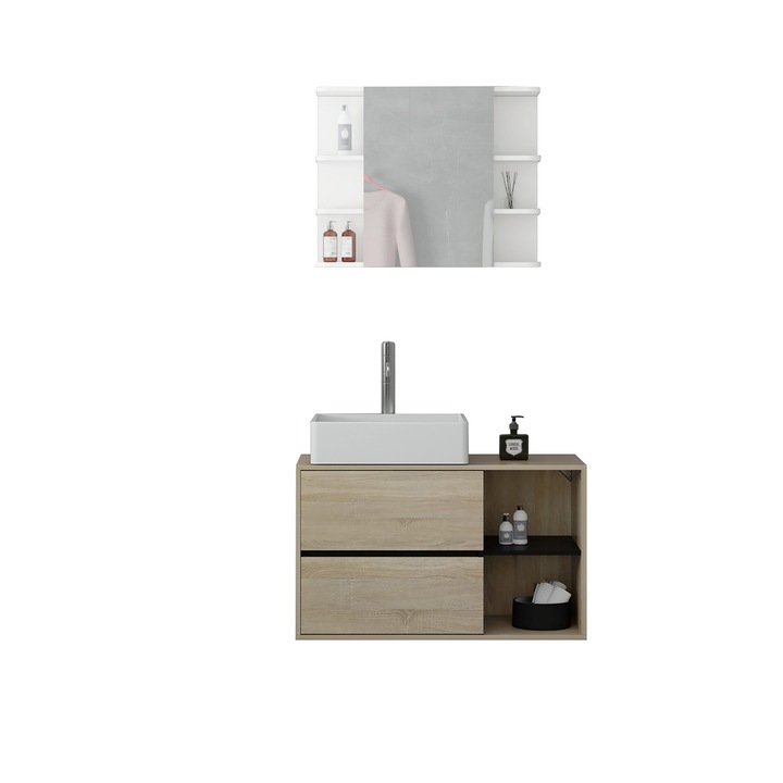 Set mobilier baie 2 piese ML-Design, masca chiuveta suspendata maro-negru cu sertare si raft lateral, dulap oglinda perete alb cu rafturi exterioare, design modern, spatiu depozitare multifunctional