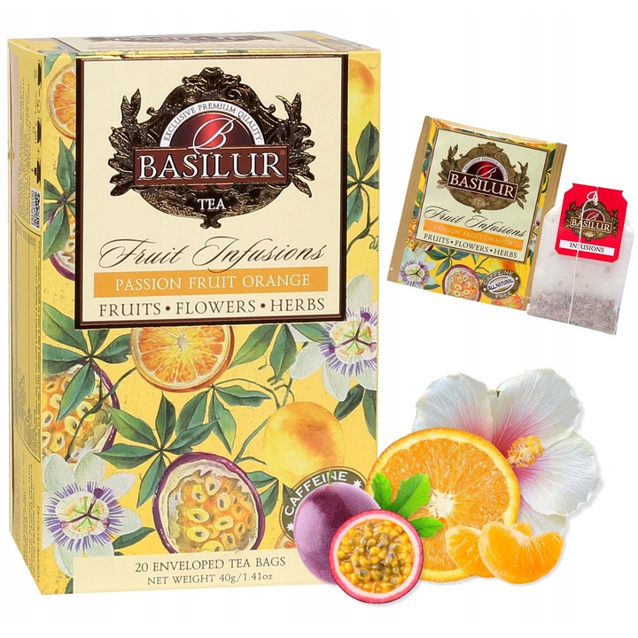 Ceai de Fructe Fara Cafeina Basilur, Maracuja, Mandarina, Trandafir, Hibiscus, 20 Plicuri x 2g, Calitate Premium