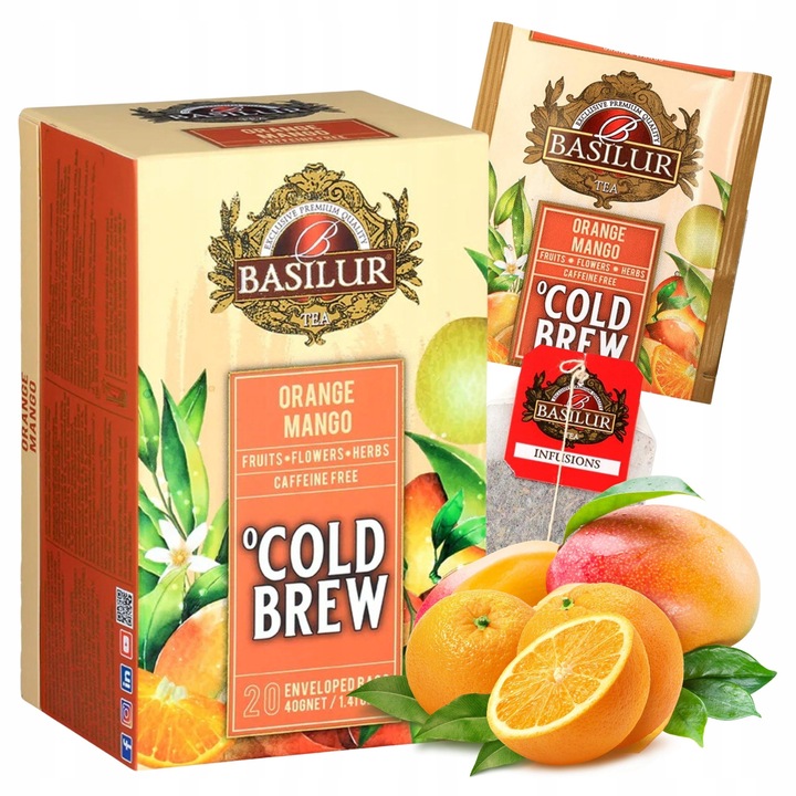 Ceai Fructe Basilur Cold Brew fara Cofeina, Arome Naturale Mango, Portocala, 20 Pliculete Ambalate Individual