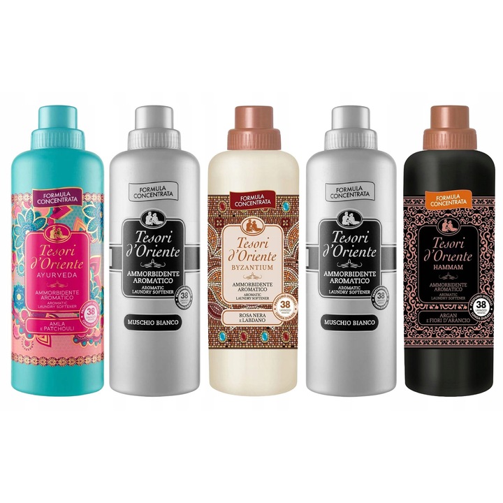 Set 5 Balsamuri Concentrate Tesori d'Oriente pentru Rufe, 5x760ml, Arome Orientale, Fara Coloranti, Formula Cremoasa
