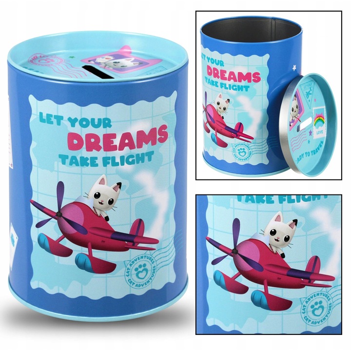 Pusculita metalica rotunda Casa de Papusi, Gabi si Pandi Labute, design tematic, rezistenta, 15x15cm, Dreamworks