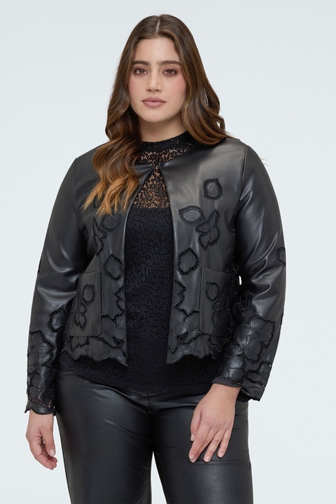 Fiorella Rubino, Jacheta din piele sintetica cu model floral, Negru