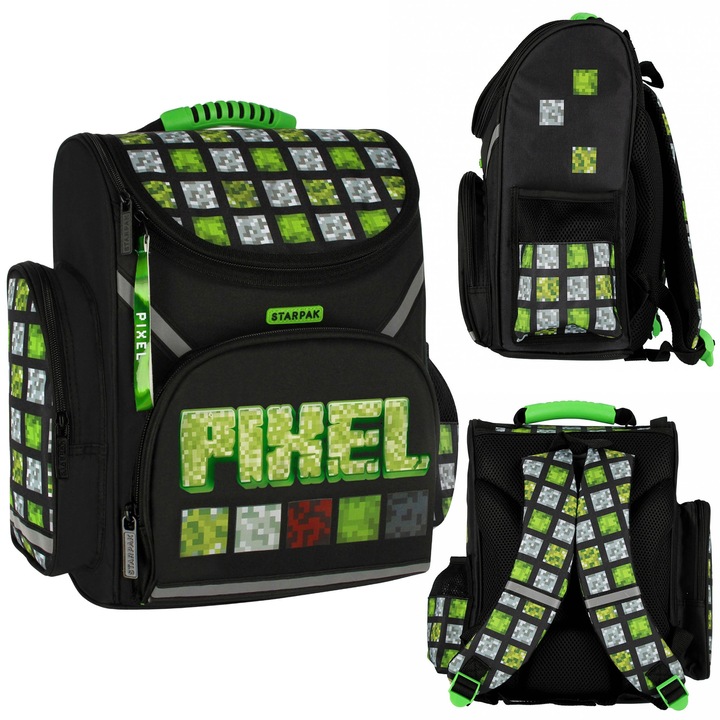 Rucsac scolar ergonomic Pixel Game, negru-verde, 37x32x22cm, 18L, organizator intern, buzunar frontal mare, elemente reflectorizante
