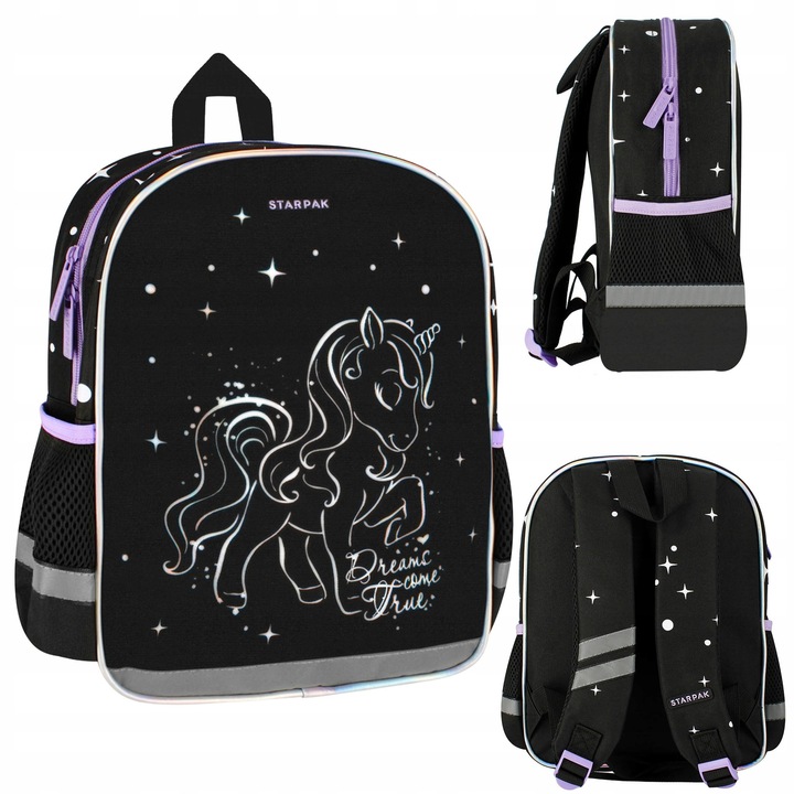Rucsac gradinita unicorn holografic negru, compartiment spatios, bretele reglabile, 31x25x10 cm