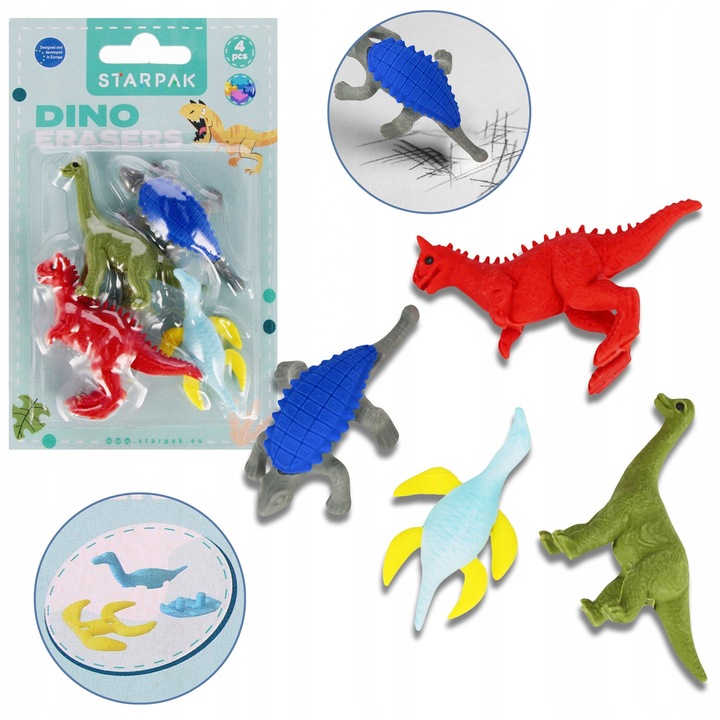 Set 4 Radiere Puzzle 3D Dinozauri, Starpak, design demontabil, multicolor pentru copii 3+