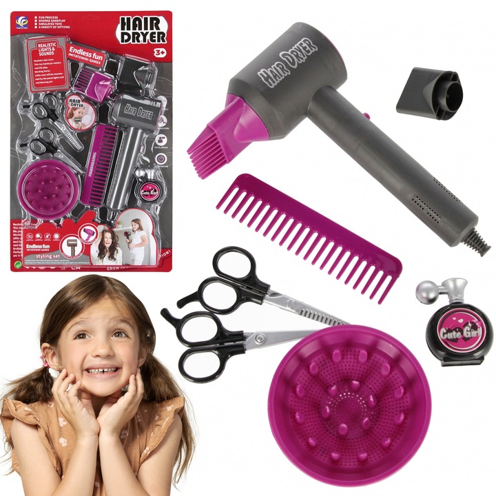 Set Complet Frumusete Coafor, Mega Creative, Uscator cu Sunete, Accesorii Diverse, 3 Ani +